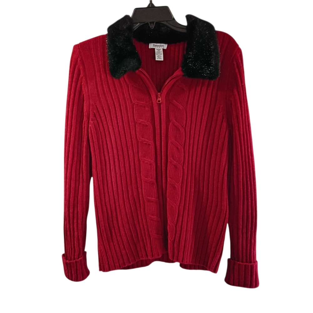 EUC Hampshire Studio Red Cable-Knit Faux Fur Collar Cardigan Sweater PS Women‎ ✨
